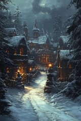 Canvas Print - A snow-covered village street with warm lights glowing from the windows of houses.