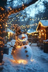 Poster - A snowman with a hat and scarf stands in front of a snowy winter scene with Christmas lights.