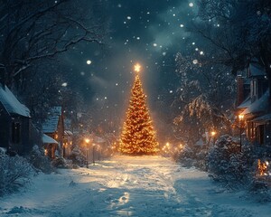 Poster - A snowy street with a glowing Christmas tree in the center, surrounded by houses with lights.