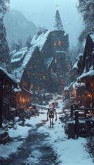 Poster - A snowy village with a lone figure walking down the street.