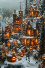 Sticker - A snowy village with glowing windows and jack-o-lanterns, a reindeer and a deer stand in the snow.