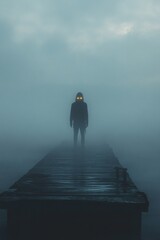 Wall Mural - A solitary figure stands on a wooden pier, shrouded in fog.