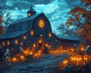 Canvas Print - A spooky barn with glowing pumpkins and skeletons for Halloween.