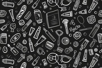 Hand-drawn seamless pattern of various everyday objects on black background.
