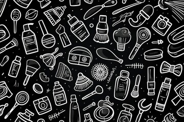 Hand-drawn seamless pattern of various everyday objects on black background.