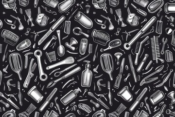 Hand-drawn seamless pattern of various everyday objects on black background.