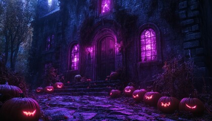 Sticker - A spooky gothic manor with glowing windows and jack-o-lanterns on the pathway in front of the door on a dark night.