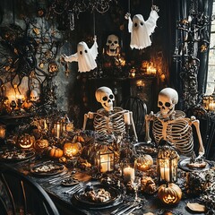 Sticker - A spooky Halloween dining table decorated with skeletons, pumpkins, and ghosts.