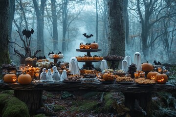 Canvas Print - A spooky Halloween feast with carved pumpkins, ghost decorations, and sweet treats set on a wooden table in a misty forest.