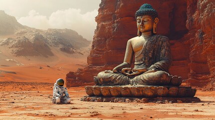 Astronaut at the ancient Buddha statue lost on the Mars planet. Buddhism religion and space archeology concept. Surreal illustration for poster, design 