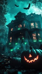 Wall Mural - A spooky Halloween night scene with a haunted house, pumpkins, and bats flying in the sky.