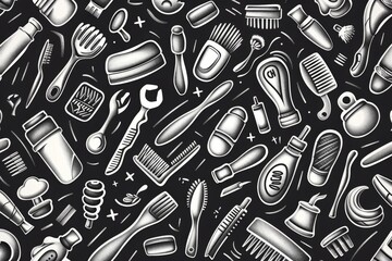 Hand-drawn seamless pattern of various everyday objects on black background.