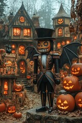 Canvas Print - A spooky Halloween scene with a nutcracker, pumpkins, and a house in the background.