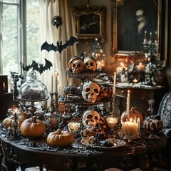 Wall Mural - A spooky Halloween table setting with skulls, pumpkins, candles, and bats.