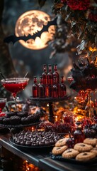 Poster - A spooky Halloween table spread with red drinks, dark chocolate treats, and spooky decor.