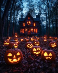 Wall Mural - A spooky haunted house with carved pumpkins in the front yard.