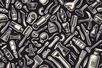 Hand-drawn seamless pattern of various everyday objects on black background.
