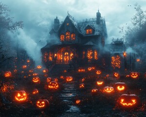 Poster - A spooky haunted house with glowing jack-o'-lanterns in the front yard.