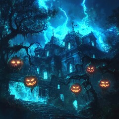 Sticker - A spooky haunted house with glowing pumpkins and lightning strikes on a stormy night.