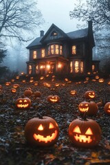 Sticker - A spooky old house with lit jack-o'-lanterns on the lawn in the mist on a Halloween night.