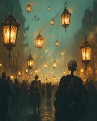 Sticker - A spooky procession of skeletons walks through a city lit by lanterns, creating an eerie and mystical atmosphere.