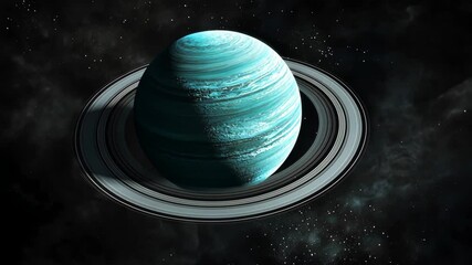 Wall Mural - a teal-colored planet with prominent rings orbits through space