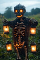 Canvas Print - A spooky skeleton scarecrow with glowing lanterns stands in a field.