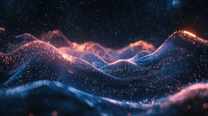 Wall Mural - An abstract wave of sound in dark and muted tones, featuring glowing synth-like waves and pulses, intertwined with soft, ethereal string textures. l