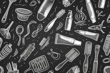 Hand-drawn seamless pattern of various everyday objects on black background.