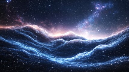 Wall Mural - An abstract wave of sound in dark and muted tones, featuring glowing synth-like waves and pulses, intertwined with soft, ethereal string textures. 