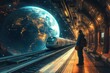 © Worawee - A man stands on a train platform looking out at a planet
