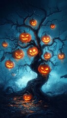 Wall Mural - A spooky tree with glowing jack-o'-lanterns hanging from its branches.