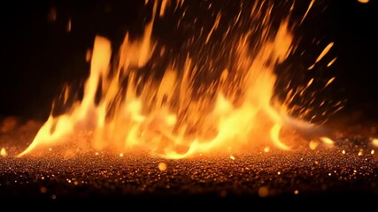 Wall Mural - A fiery inferno burns on a dark night, with sparks flying off in all directions
