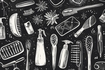 Hand-drawn seamless pattern of various everyday objects on black background.