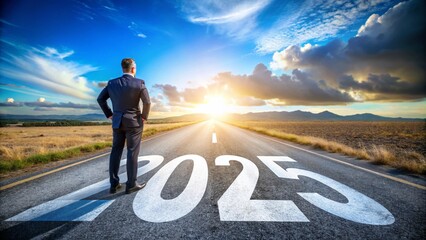 New Year 2025 as the beginning of success, the text 2025 on the asphalt road with a male 