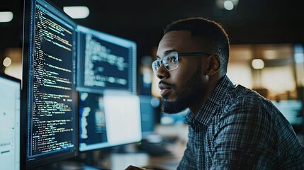 An image of a black software developer working on a computer while in an office with high technology equipment, data systems, and programming