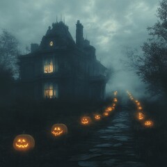 Canvas Print - A spooky, gothic mansion stands shrouded in mist, with a pathway lined with glowing jack-o-lanterns leading up to it.