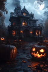 Canvas Print - A spooky, gothic-style mansion with glowing jack-o-lanterns in front of it on a moonlit night.