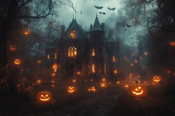 Canvas Print - A spooky, old gothic manor with lit jack-o'-lanterns in front of it.