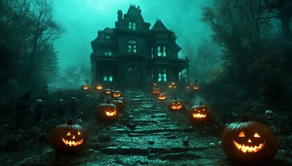 Poster - A spooky, old house with a path lined with jack-o-lanterns, shrouded in fog.