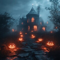 Wall Mural - A spooky, old, and mysterious house stands in the fog with a path lit by jack-o-lanterns.