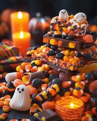 Wall Mural - A stack of chocolate bars with Halloween candies and ghost decorations.