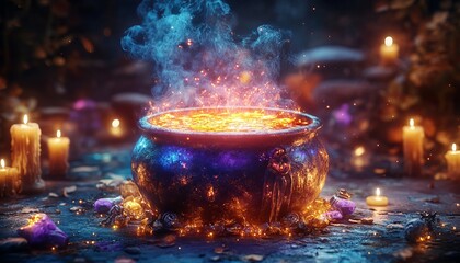 Poster - A steaming cauldron with fire and smoke, surrounded by candles and crystals.