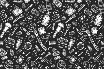 Hand-drawn seamless pattern of various everyday objects on black background.