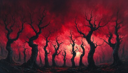 Sticker - A surreal landscape with bare trees silhouetted against a fiery red sky.