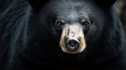 Wall Mural - close-up portrait of a black bear with detailed focus on fur texture and facial features, highlighti