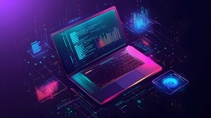 Web page banner for programming and software development featuring a laptop with program code and data analysis concepts  illustration  -