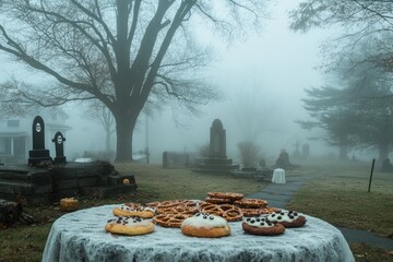 Wall Mural - A table with baked goods set in a foggy graveyard, with a white tablecloth and pumpkins.