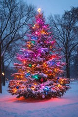 Canvas Print - A tall Christmas tree adorned with colorful lights and ornaments, covered in snow, stands in a snowy park at dusk.