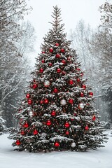 Poster - A tall, decorated Christmas tree stands in a snowy forest, adorned with red and silver ornaments, surrounded by bare trees.